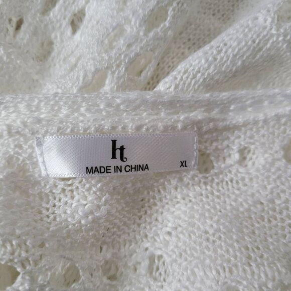 White open knit longer length cardigan open front boho minimalist beachy neutral - Picture 7 of 7